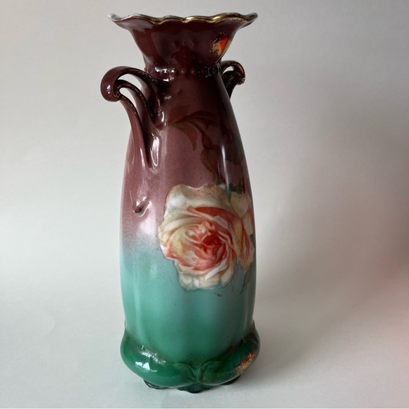 Beautiful Porcelain Pitcher 9.5" Tall" 5” Wide ~ Rose~ Gold Gild~ Green~Burgundy - Picture 7 of 12